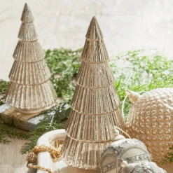 Raz 11.5" Lighted Gold Glass Ribbed Christmas Tree Figure Set Of 2 4324552