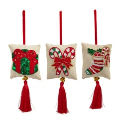 Raz 7.5" Embroidered Tassel Pillow Christmas Ornament Set Of 3 4403623