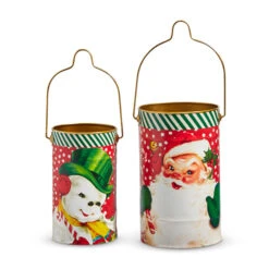 Raz 9.5" Retro Santa And Snowman Christmas Bucket Decorations Set Of 2 4411208