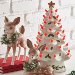 Raz 13" Lighted Vintage White Ceramic Christmas Tree With Holly And Red Bulbs 4419049