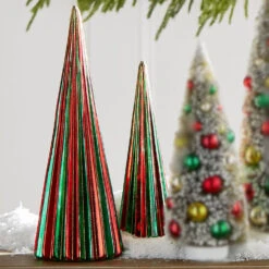 Raz 14" Green And Red Ribbed Glass Christmas Trees Set Of 2 4424654