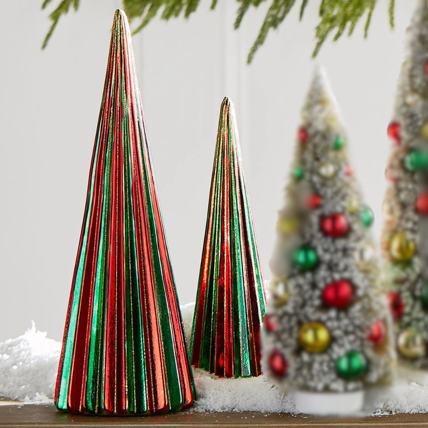 Raz 14" Green And Red Ribbed Glass Christmas Trees Set Of 2 4424654