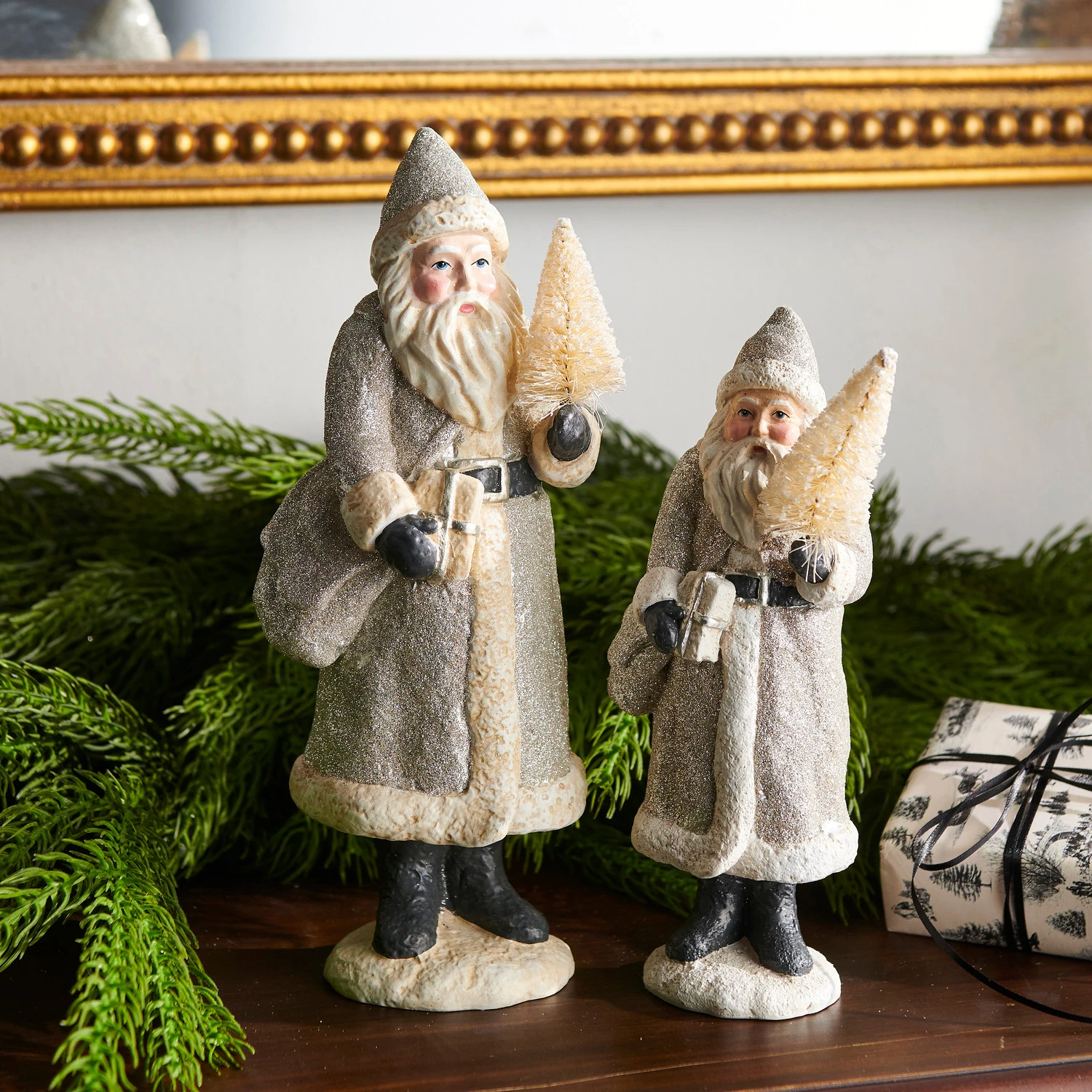 Raz 10" And 8.25" Silver Glitter Vintage Santa Christmas Figures Set Of 2 4507000 3 Raz 10" And 8.25" Silver Glitter Vintage Santa Christmas Figures Set Of 2 4507000