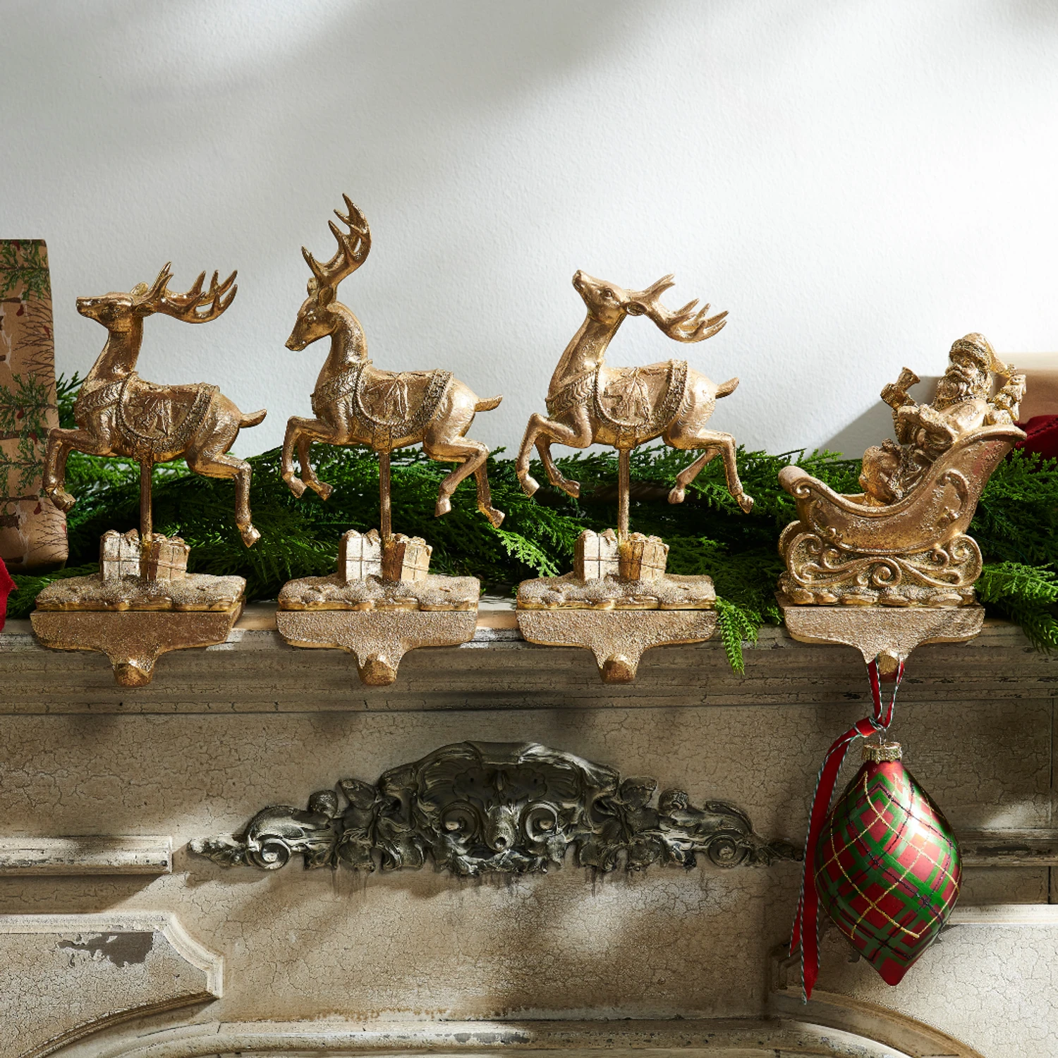 Raz 10.5" Gold Santa And Reindeer Stocking Holders 4511661 3 Raz 10.5" Gold Santa And Reindeer Stocking Holders 4511661