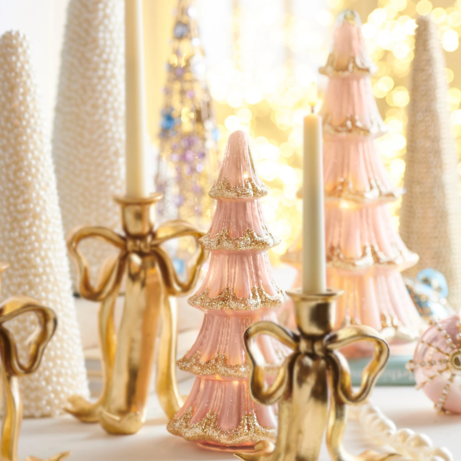 Raz 14.5" Pink And Gold Lighted Christmas Trees Decoration Set Of 2 4516731