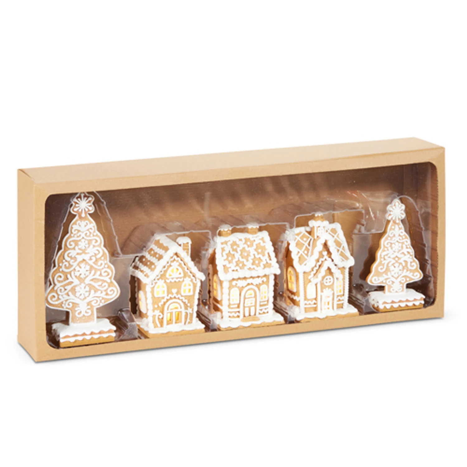 Raz 8.5" Lighted Gingerbread Houses And Trees 5 Pc Set 4516765
