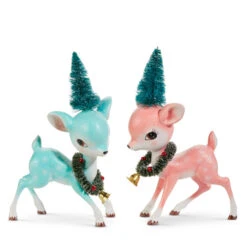 Raz 8.5" Blue And Pink Festive Fawn Vintage Christmas Figures Set Of 2 4520039