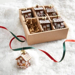 Raz 1.75" Gingerbread House Glass Christmas Ornament Set Box Of 6 4520866