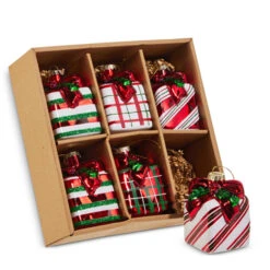 Raz 3.25" Striped Gifts Glass Christmas Ornaments Box Of 6 4522921