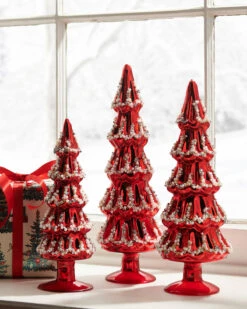 Raz 13.5" Red Beaded Glass Christmas Tree Figures Set Of 3 4533306