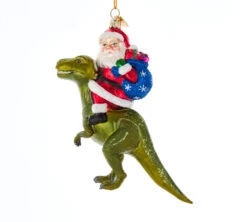 5.25" Noble Gems Santa On Dinosaur Glass Christmas Ornament NBX0064