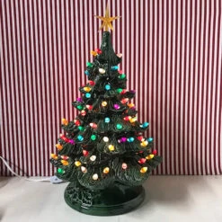 Medium Lighted Green Ceramic Christmas Tree 17"