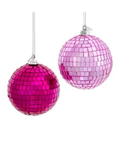 Kurt Adler 3.15" Pink Glass Mirrored Disco Ball Christmas Ornaments Set Of 2 D4575